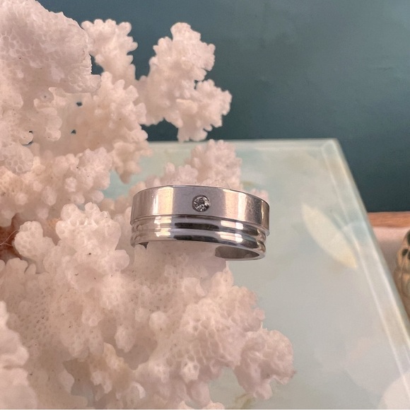 Cigar Band Silver Tone Ring with Clear Stone